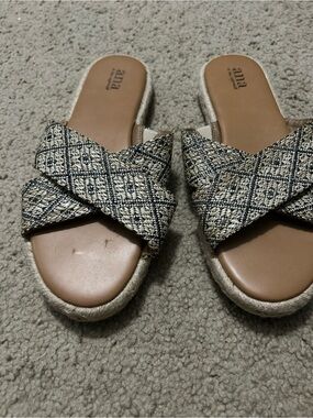a.n.a Tan Slide Sandals with Navy and Cream Woven Cross Straps